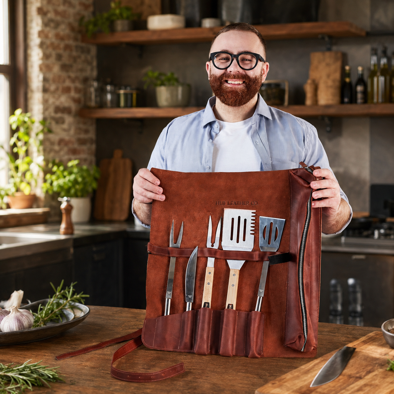 Premium Leather BBQ Tool Roll Bag | 6 Slot Grill Accessories Organizer