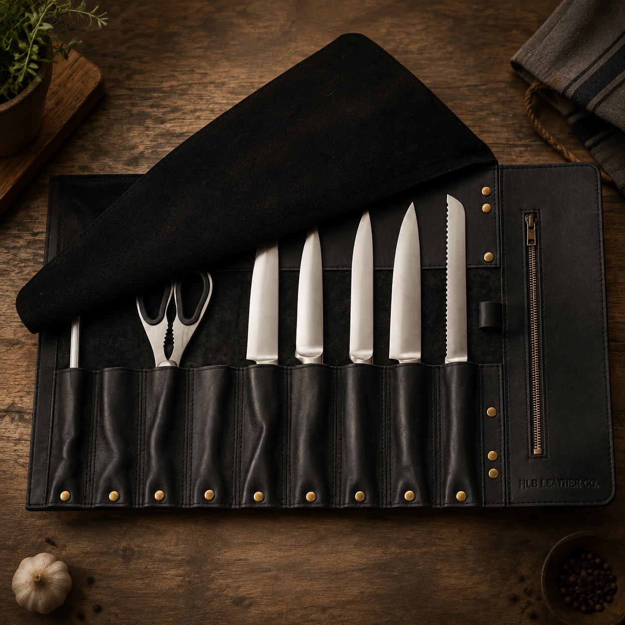 10 Pocket Crazy Horse Leather Knife Roll | Handmade Full Grain Chef Organizer