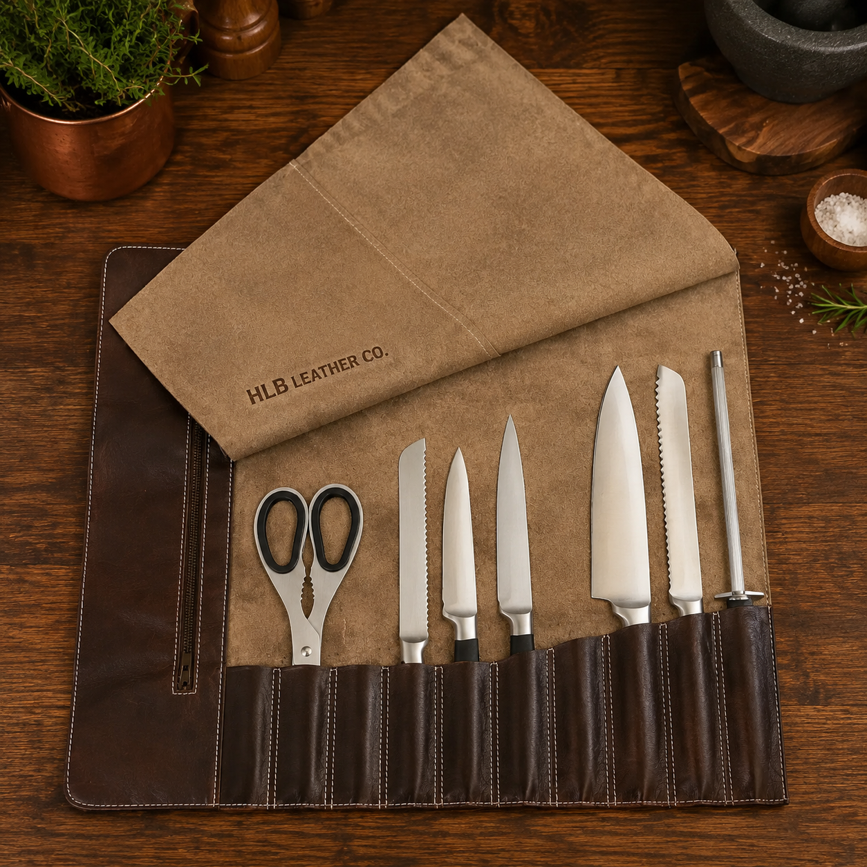 11 Pocket Full Grain Leather Chef Knife Roll | Handmade Professional Knife Bag