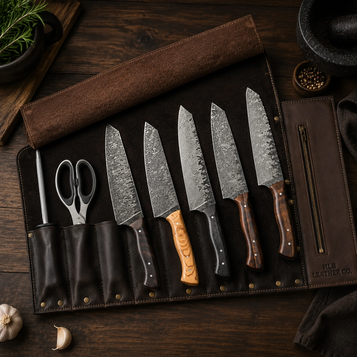 6 Slot Handmade Leather Knife Bag | Premium Chef Knife Storage Organizer