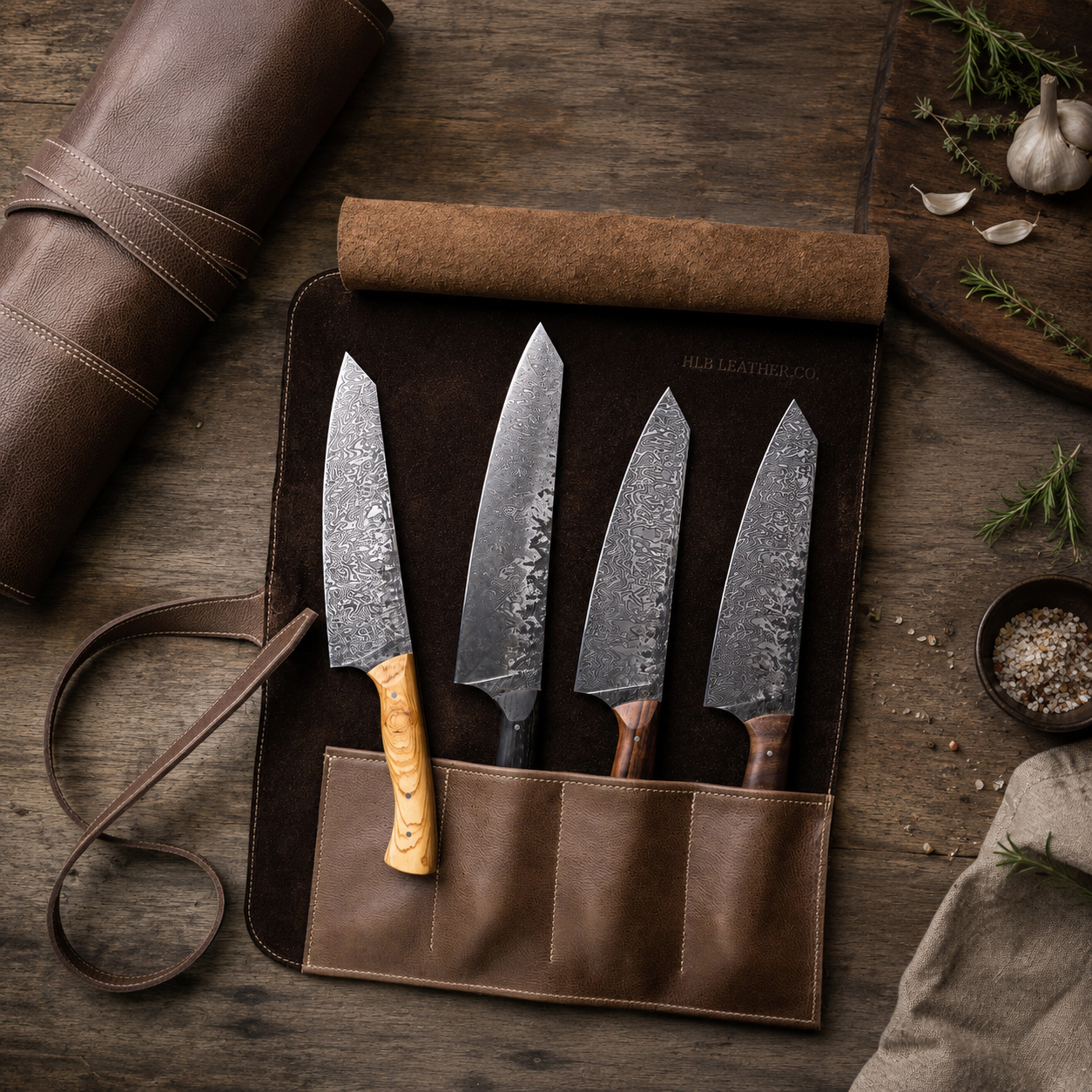 Magnetic Leather Knife Roll | 4 Slot Premium Chef Knife Holder with Suede Lining