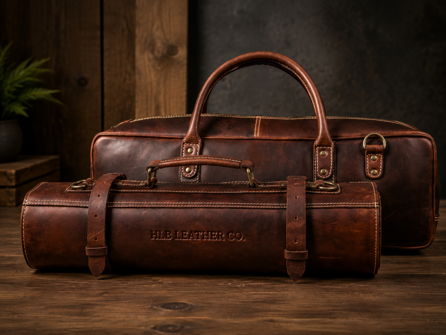 Walnut Brown Leather Knife Roll Bag Combo | Full Grain Chef Storage Case