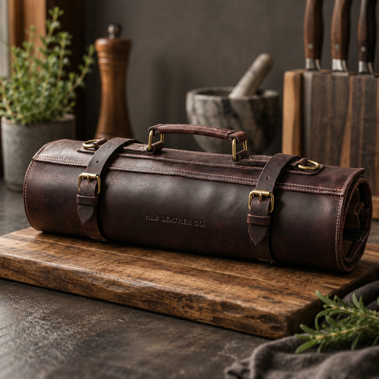 Walnut Brown Full Grain Leather Knife Roll | Premium Chef Tool Organizer