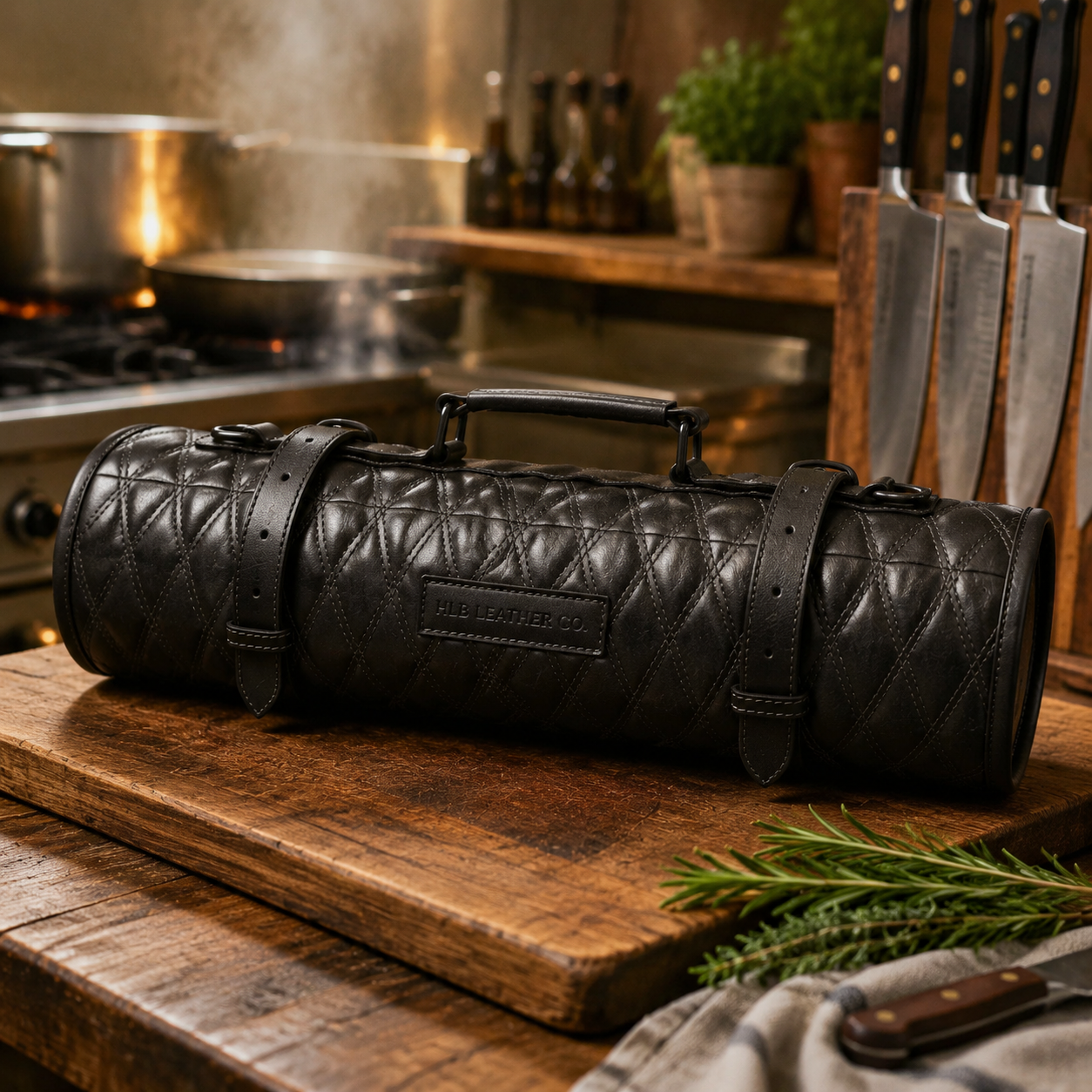 Black Quilted Full Grain Leather Knife Roll | Premium Chef Knife Storage Bag