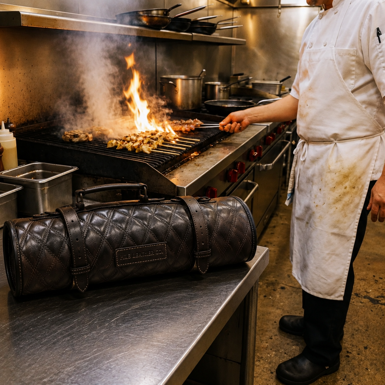 Black Quilted Full Grain Leather Knife Roll | Premium Chef Knife Storage Bag