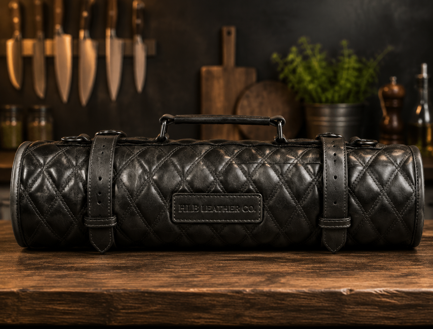 Black Quilted Full Grain Leather Knife Roll | Premium Chef Knife Storage Bag