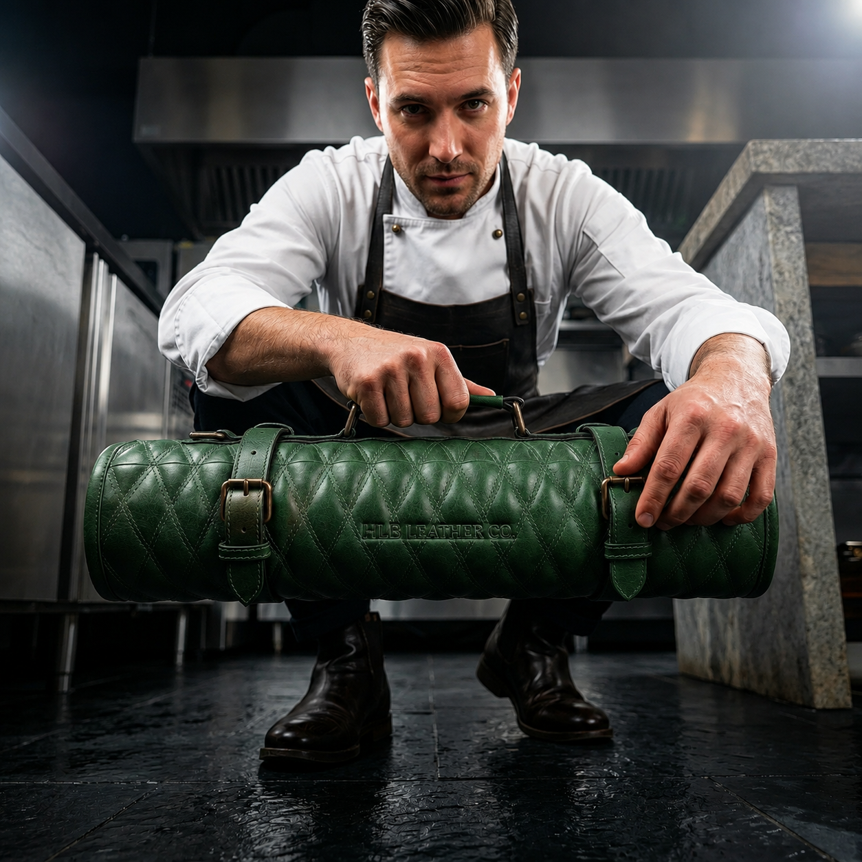 Green Quilted Full Grain Leather Knife Roll | Premium Chef Tool Storage Bag