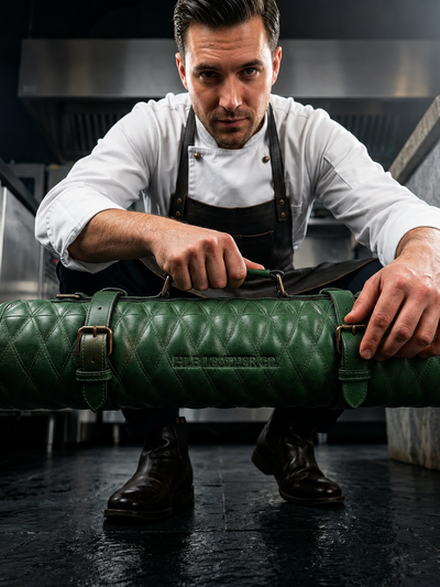 Green Quilted Full Grain Leather Knife Roll | Premium Chef Tool Storage Bag