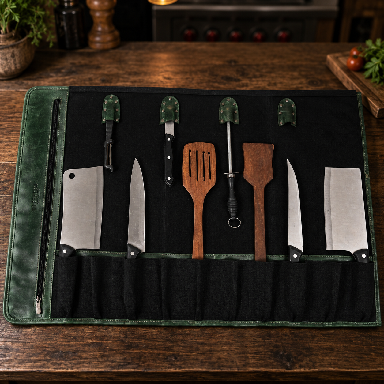 Green Quilted Full Grain Leather Knife Roll | Premium Chef Tool Storage Bag