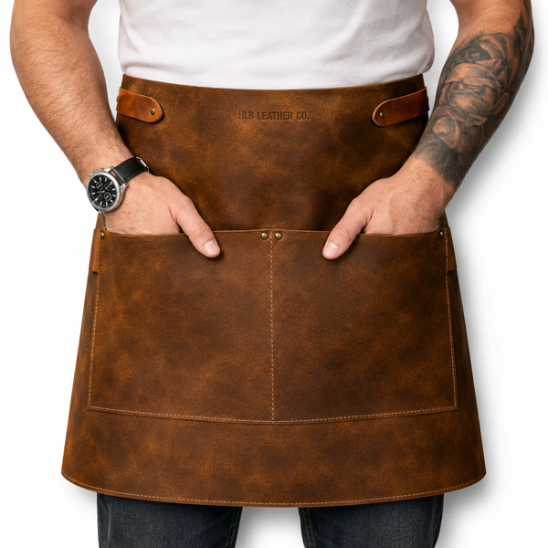 Vintage Short Leather Apron with Utility Pocket