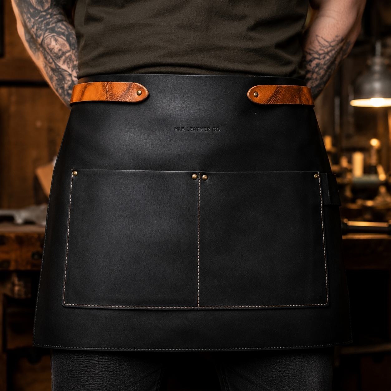 Vintage Short Leather Apron with Utility Pocket