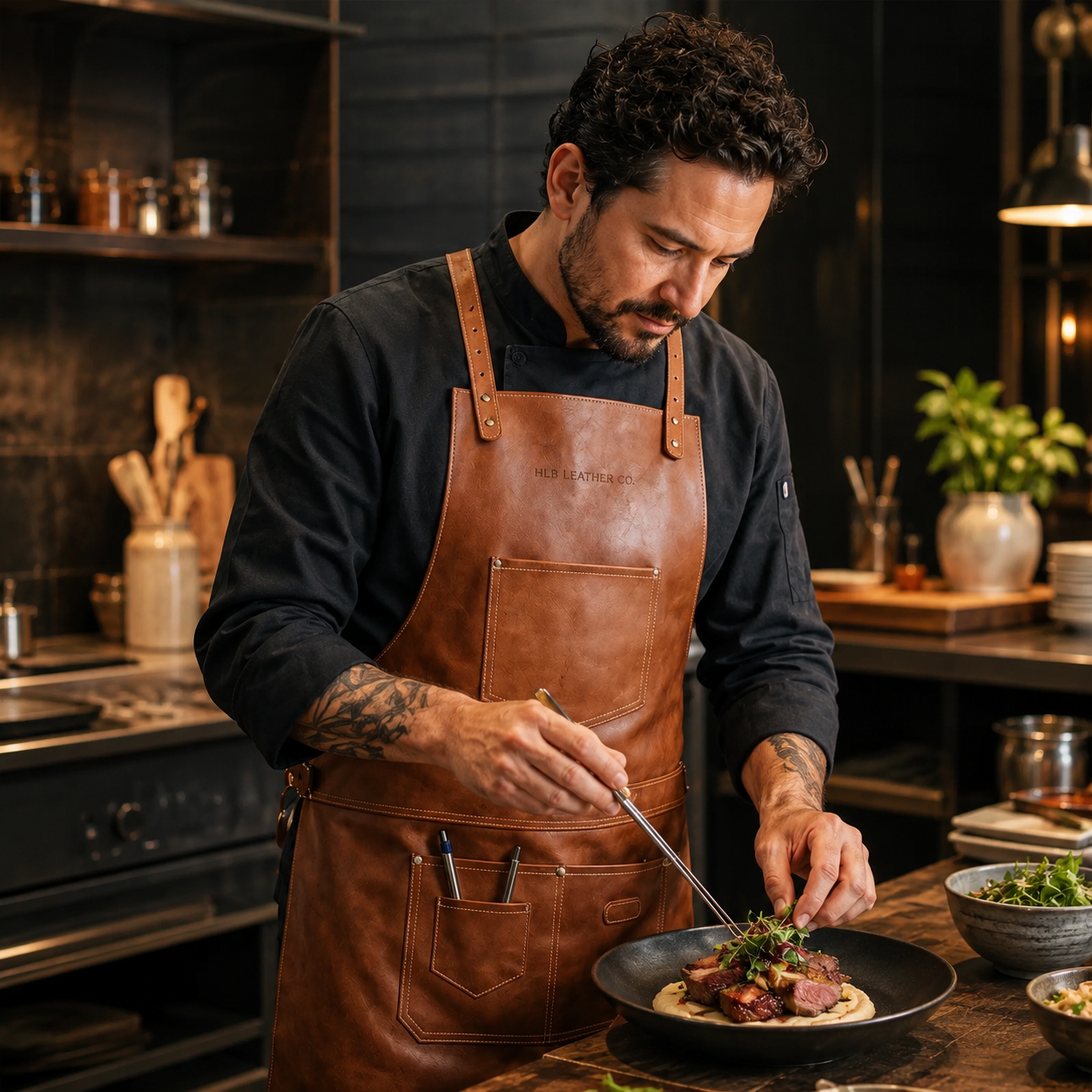 Tan Brown Full-Grain Leather Crossbody Work Apron