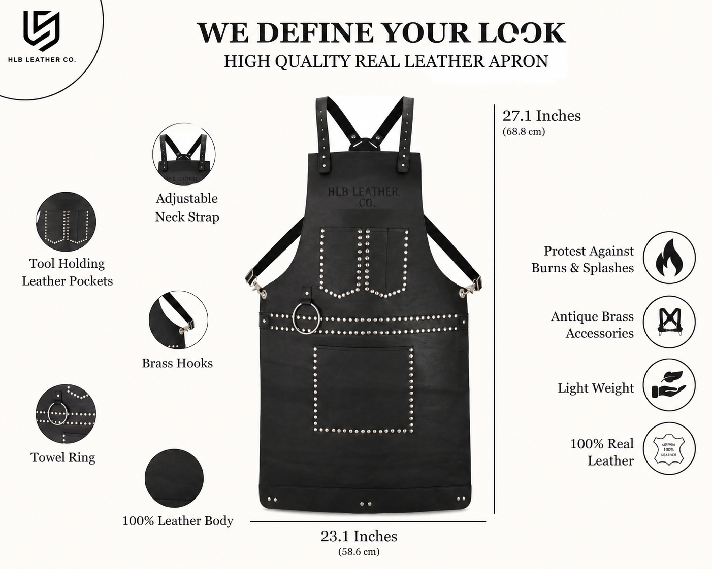 Black Full-Grain Leather Stud Work Apron