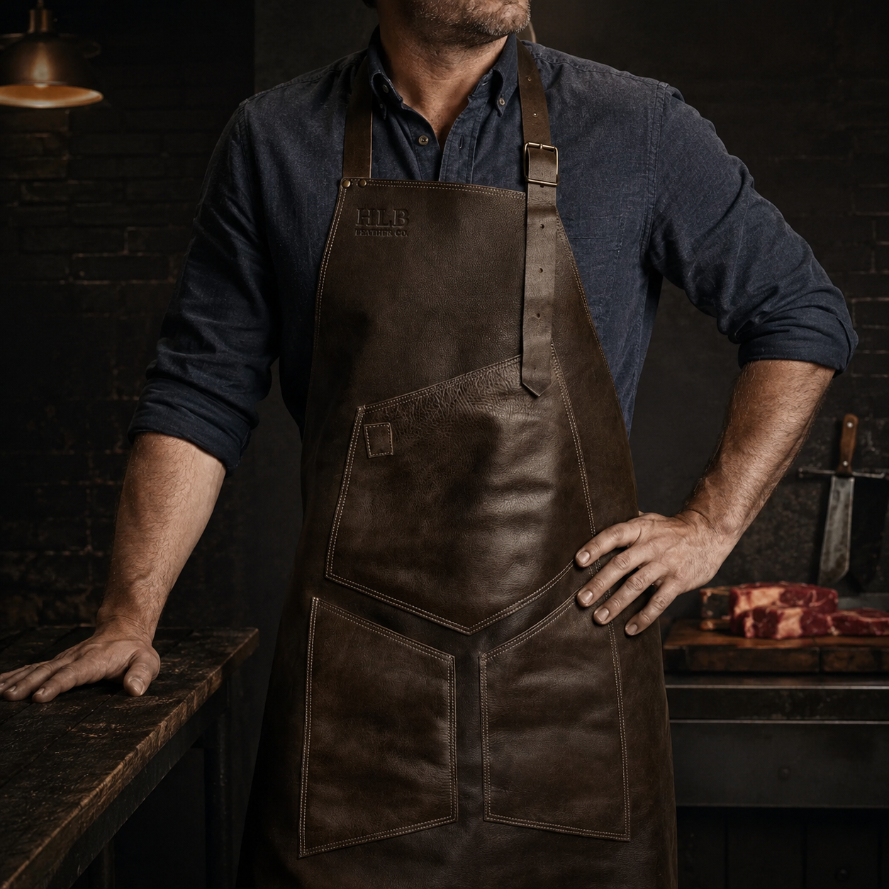 Full-Grain Italian Leather BBQ Apron with Cross-Back Straps
