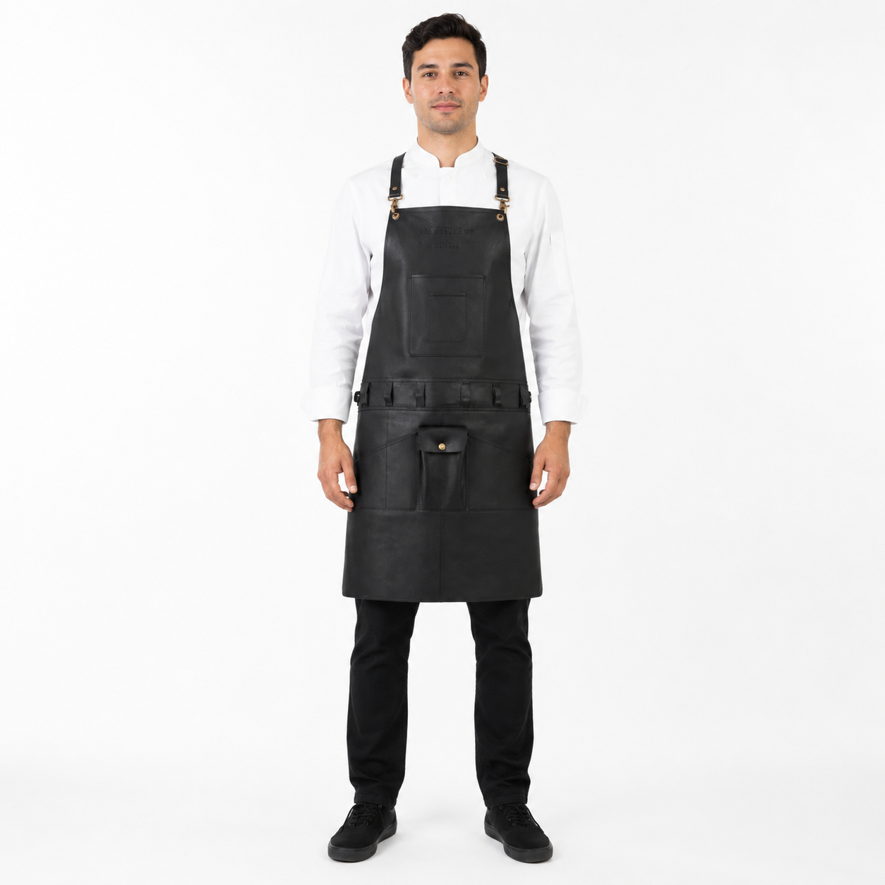 Premium Black Leather Utility Apron with Tool Organizer | Cross-Back Harness