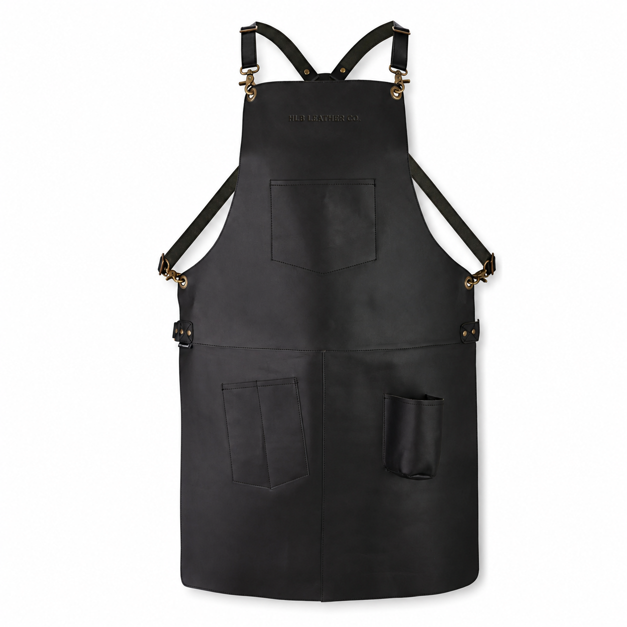 Black Full-Grain Leather Work Apron with Tool Pockets & Cross-Back Straps