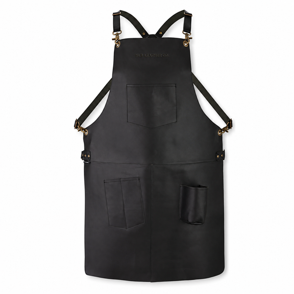 Black Full-Grain Leather Work Apron with Tool Pockets & Cross-Back Straps