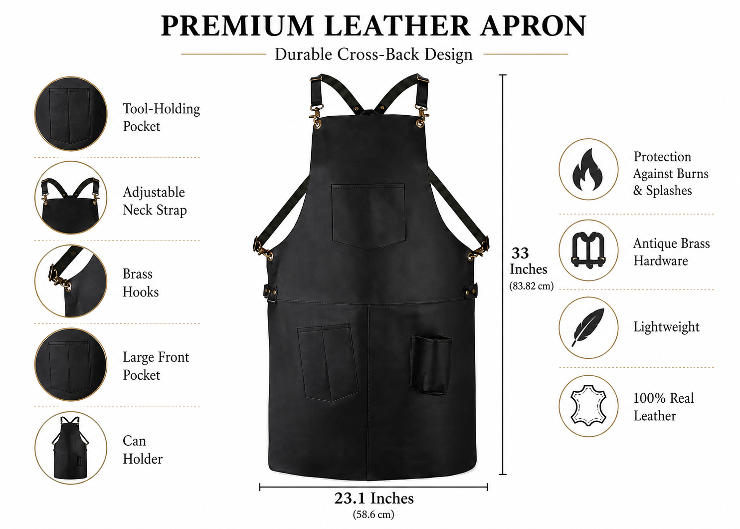 Black Full-Grain Leather Work Apron with Tool Pockets & Cross-Back Straps