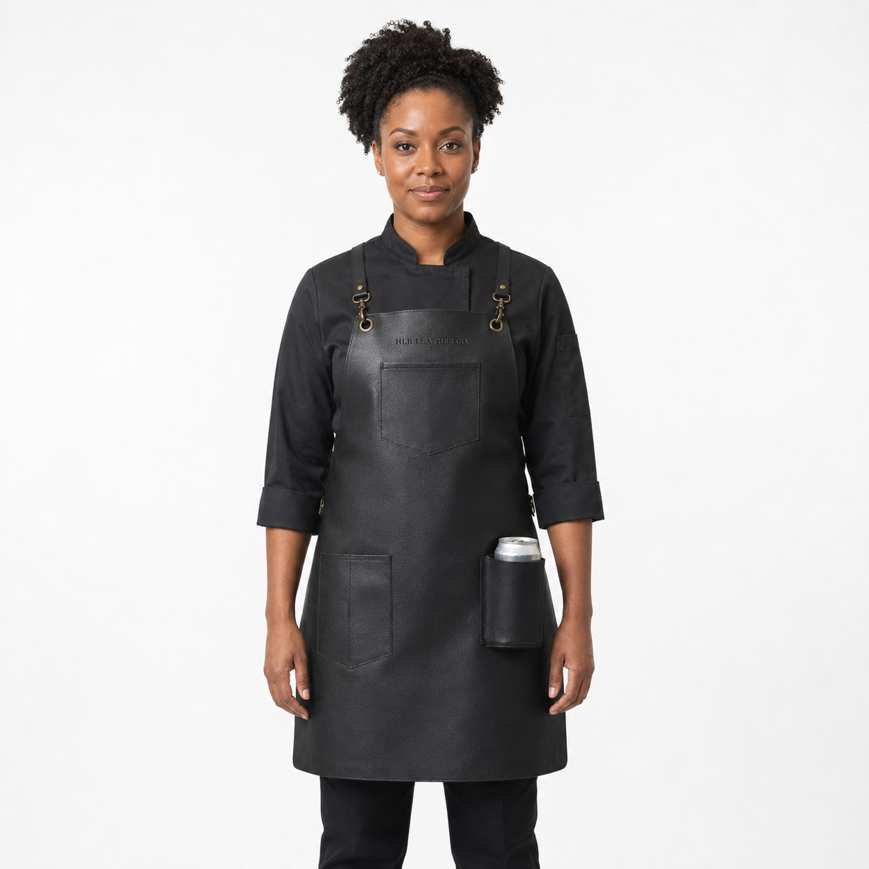 Black Full-Grain Leather Work Apron with Tool Pockets & Cross-Back Straps