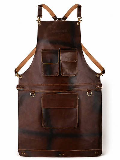 Dark Brown Full-Grain Leather BBQ Apron with Utility Pockets