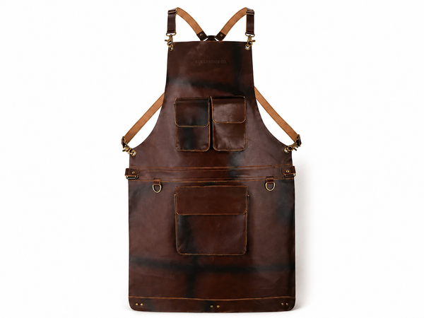 Dark Brown Full-Grain Leather BBQ Apron with Utility Pockets