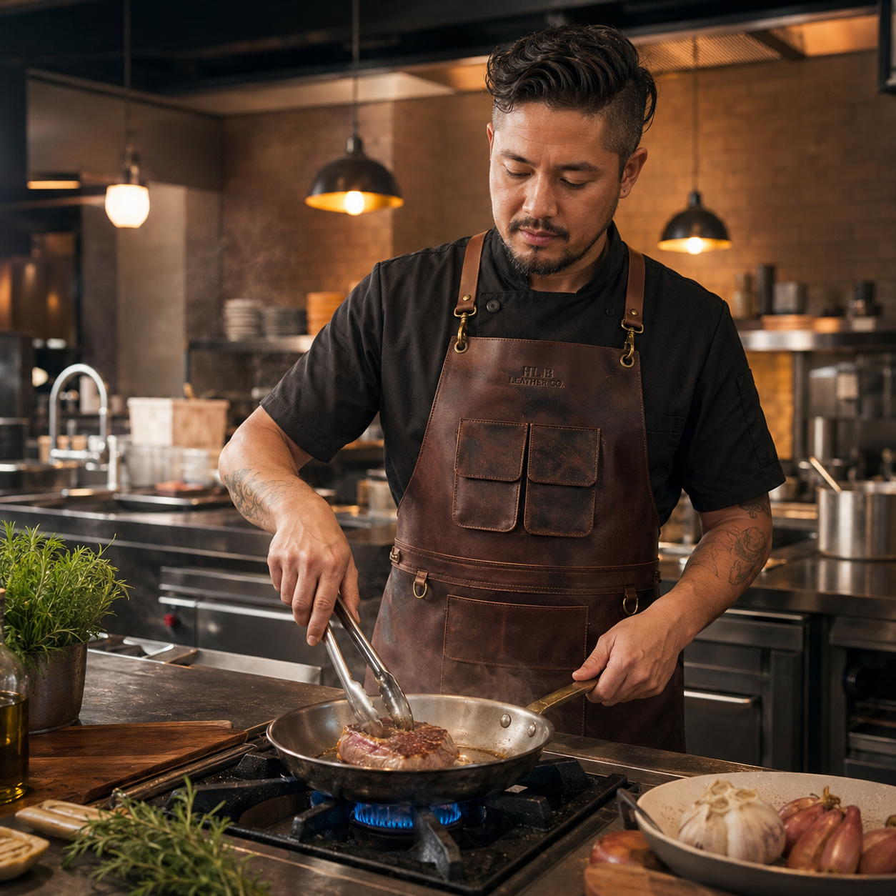 Dark Brown Full-Grain Leather BBQ Apron with Utility Pockets