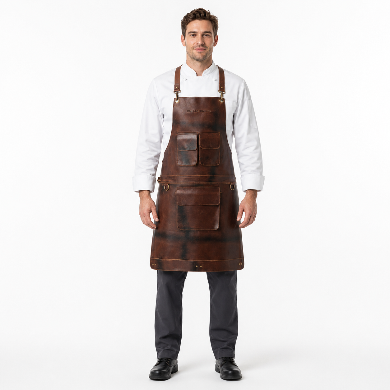 Dark Brown Full-Grain Leather BBQ Apron with Utility Pockets