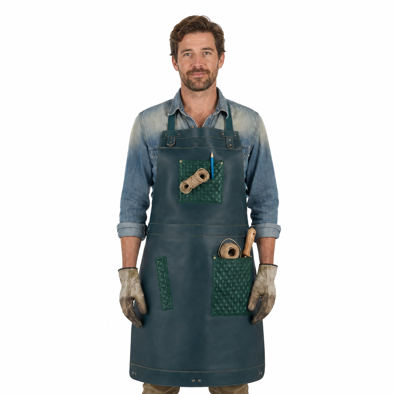 Full-Grain Leather Work Apron with Hand-Stitched Pockets