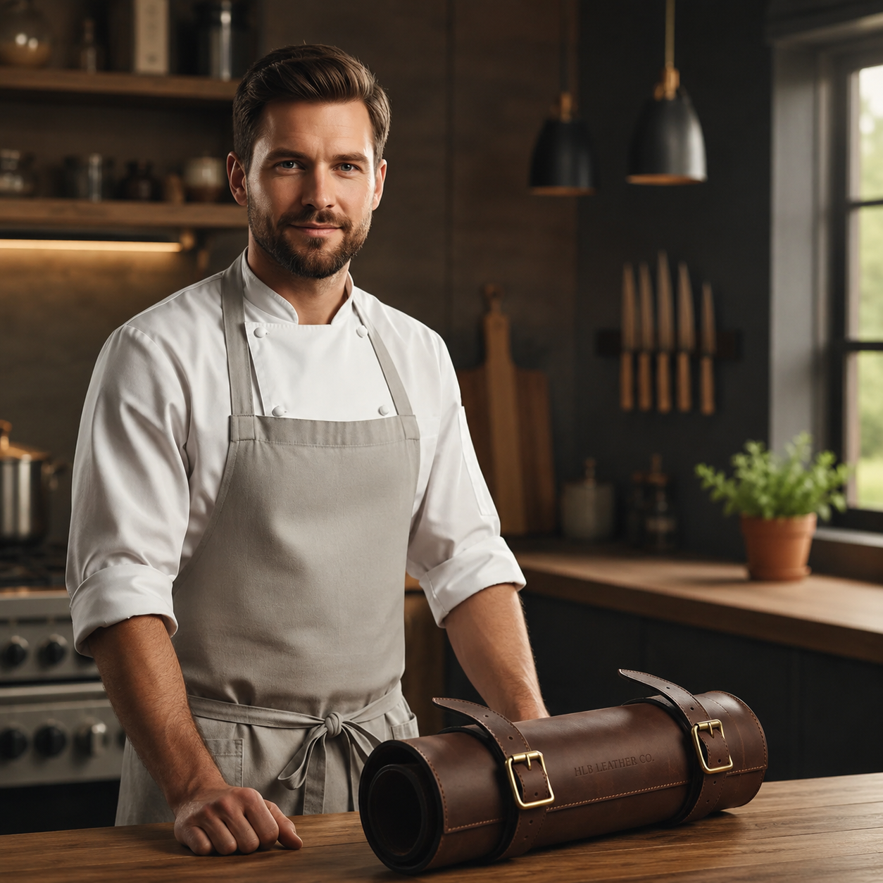 Premium Buffalo Leather Chef Knife Roll – Walnut Brown, 7 Slots