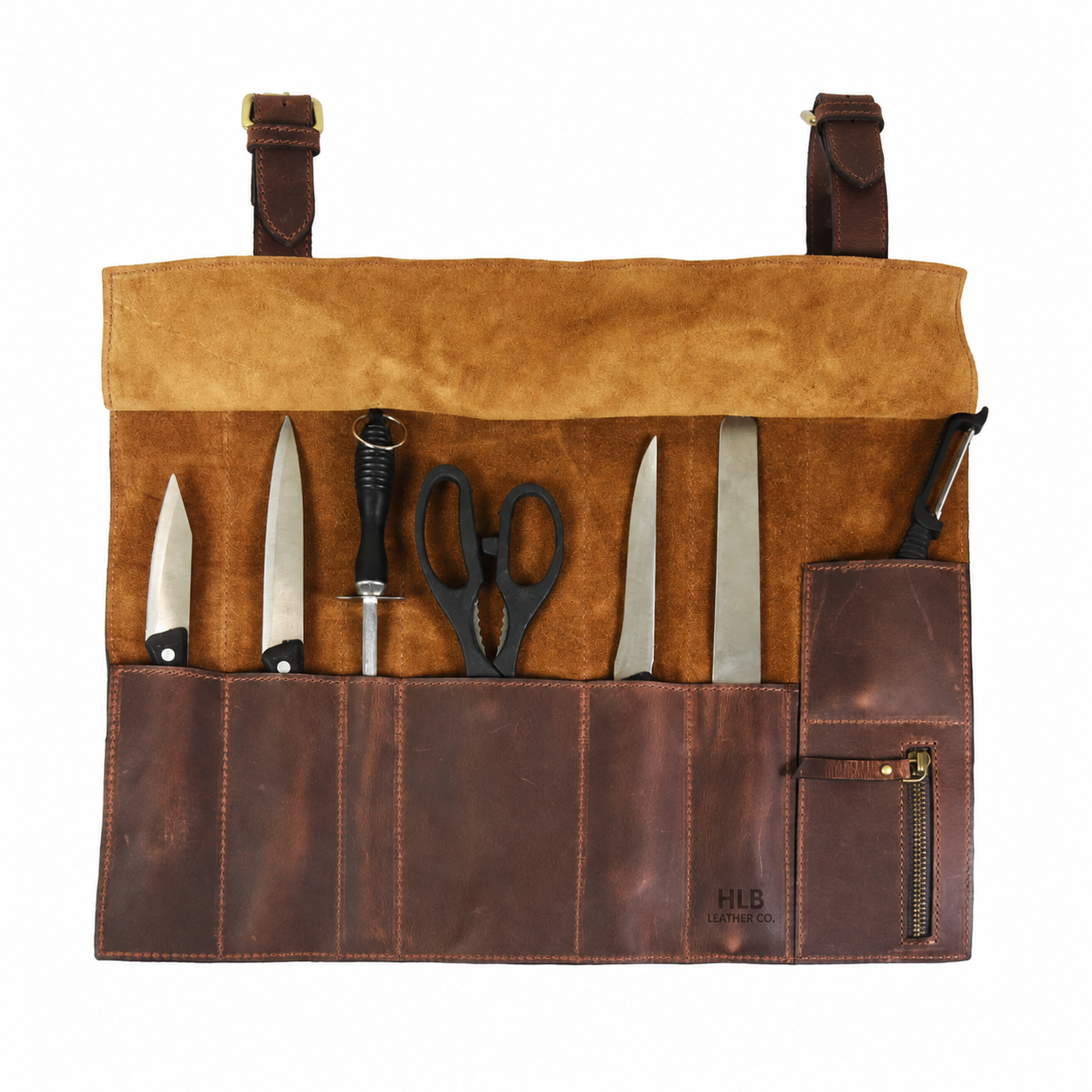 Premium Buffalo Leather Chef Knife Roll – Walnut Brown, 7 Slots