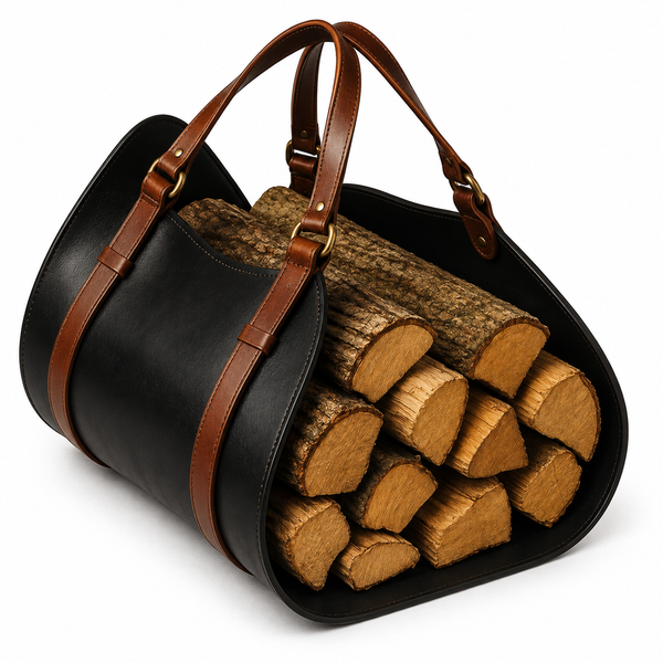Personalized Black Leather Firewood Carrier with Brown Straps