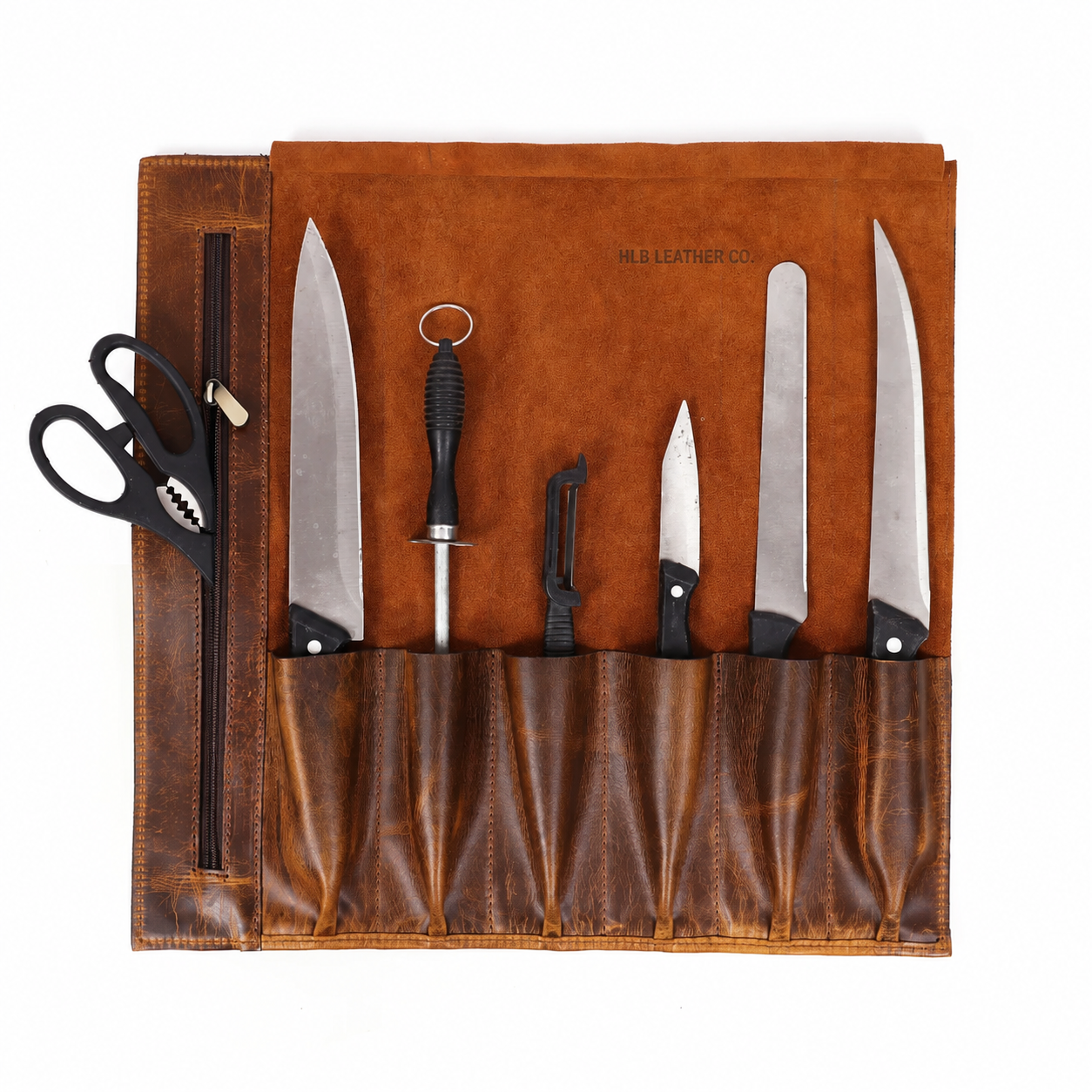 Premium Buffalo Leather Chef Knife Roll – Caramel Brown, 6 Slots