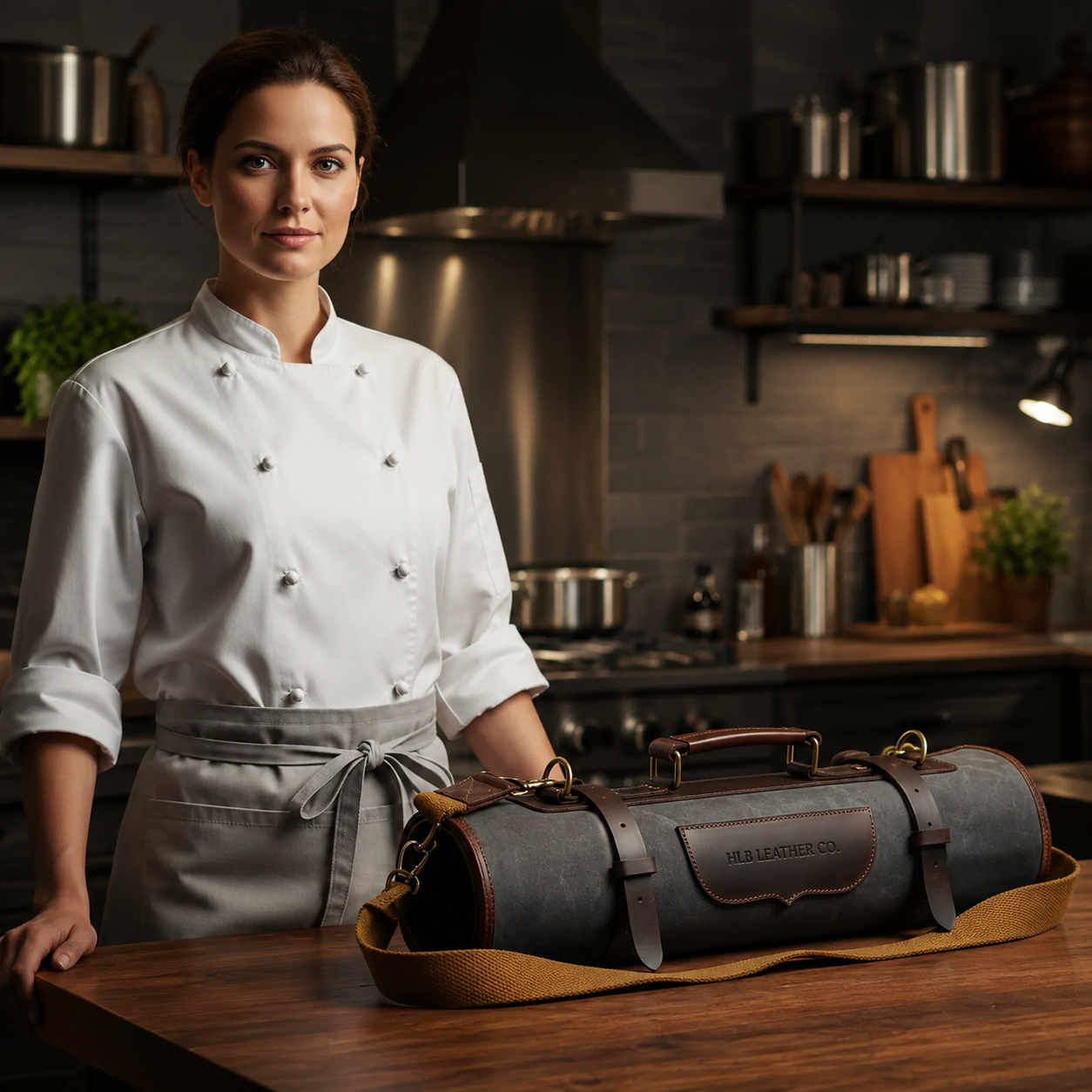 Leather & Waxed Canvas Chef Knife Roll – Grey, 13 Slots