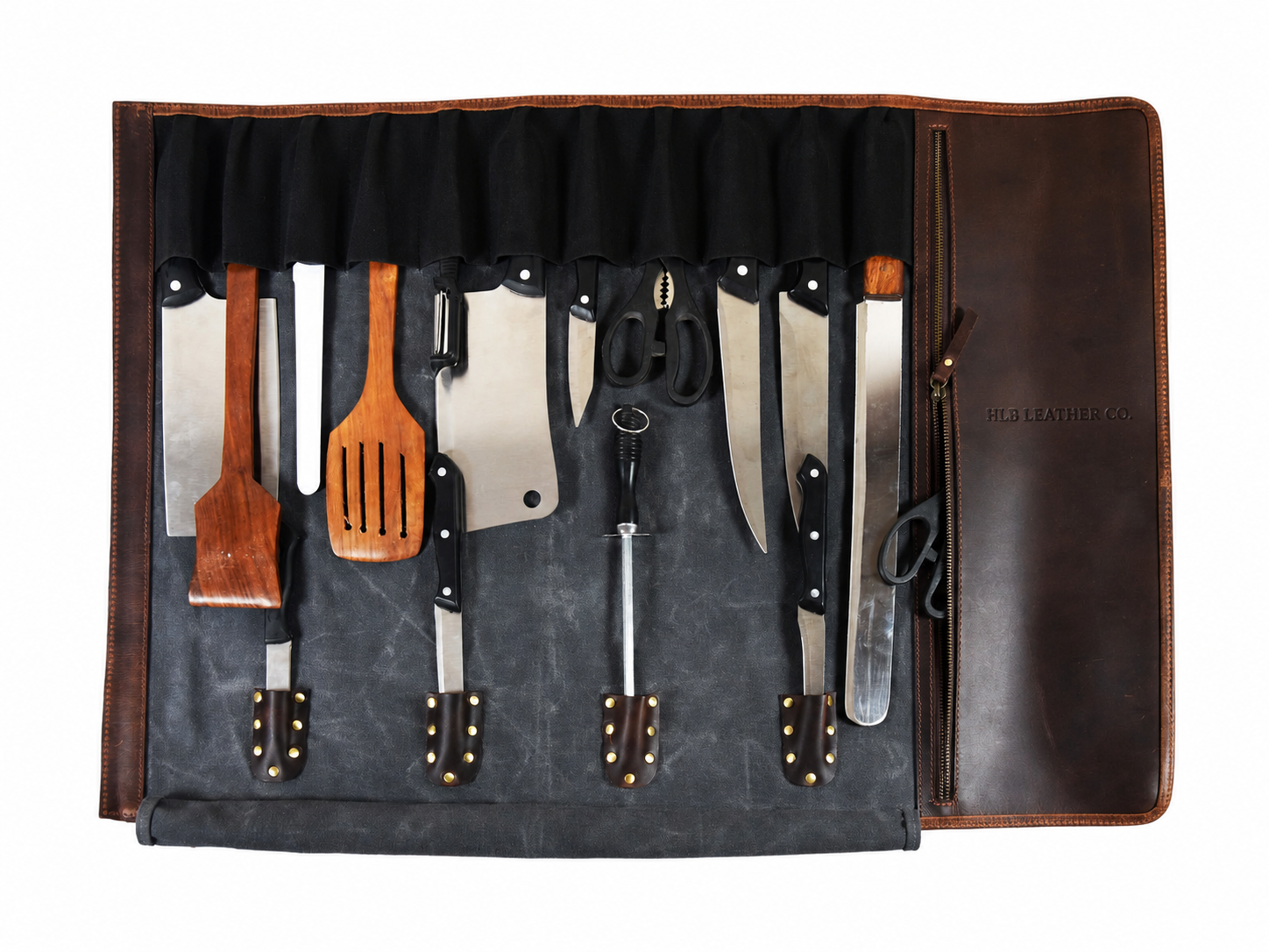 Leather & Waxed Canvas Chef Knife Roll – Grey, 13 Slots