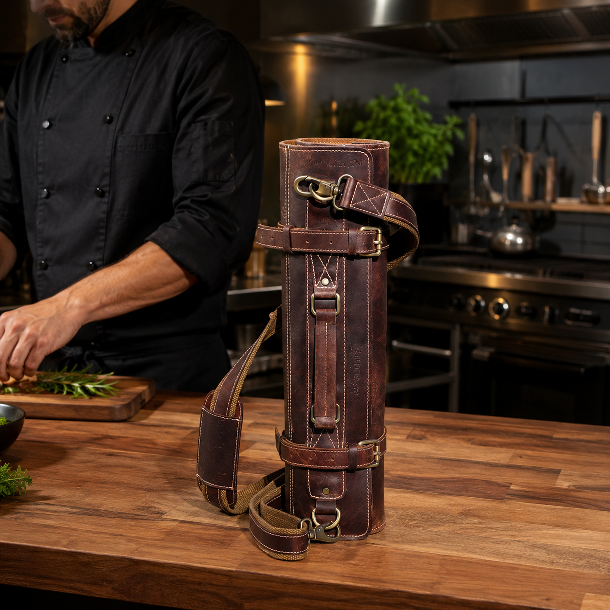 Genuine Leather Chef Knife Roll – Walnut Brown, 10 Slots