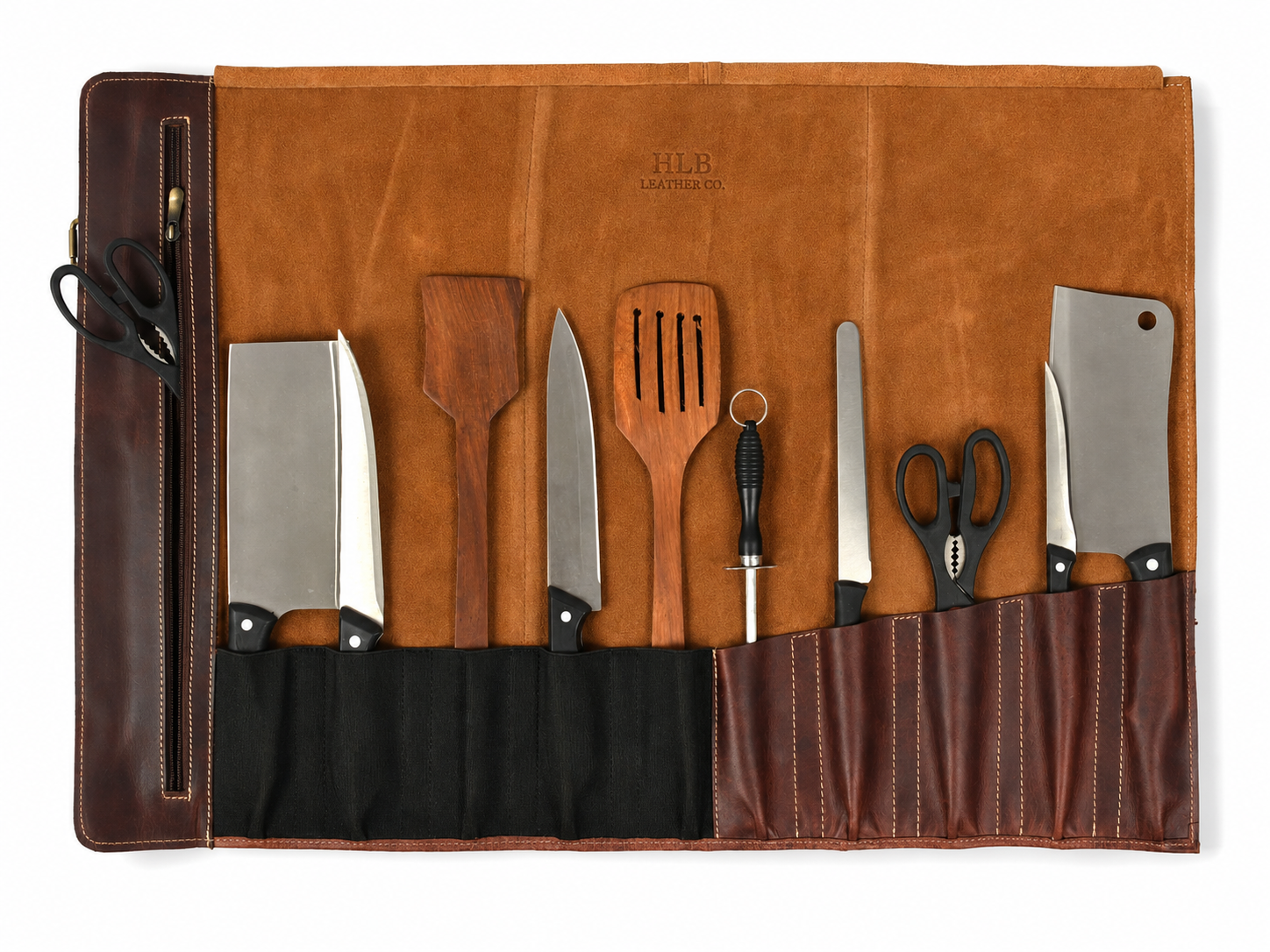 Genuine Leather Chef Knife Roll – Walnut Brown, 10 Slots