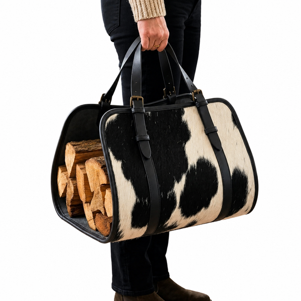 Premium Cowhide Leather & Waxed Canvas Firewood Carrier