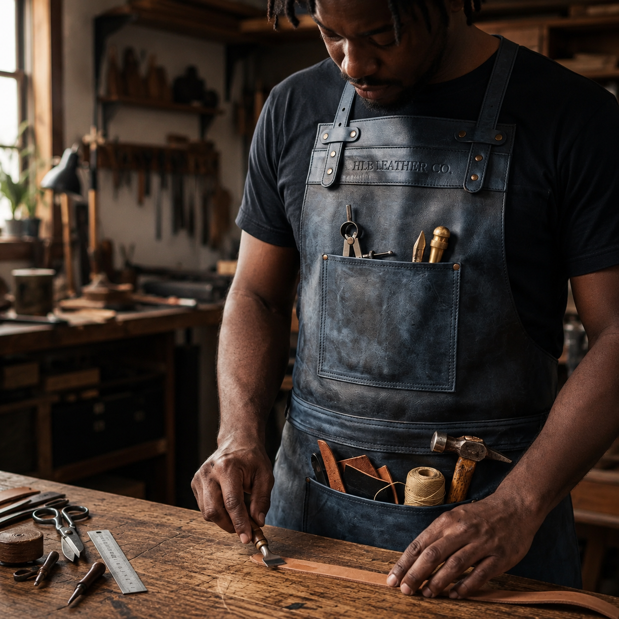 Full-Grain Cowhide Leather Utility Apron with Distressed Finish