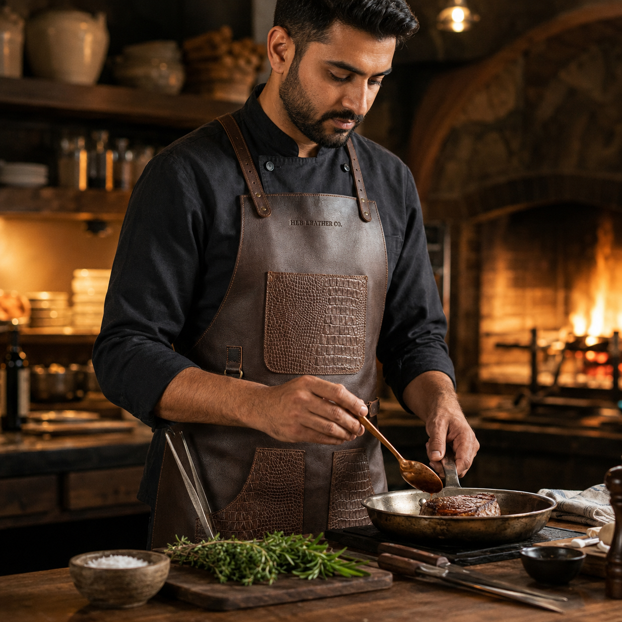 Full-Grain Crazy Horse Leather Chef Apron with Crocodile-Pattern Pockets