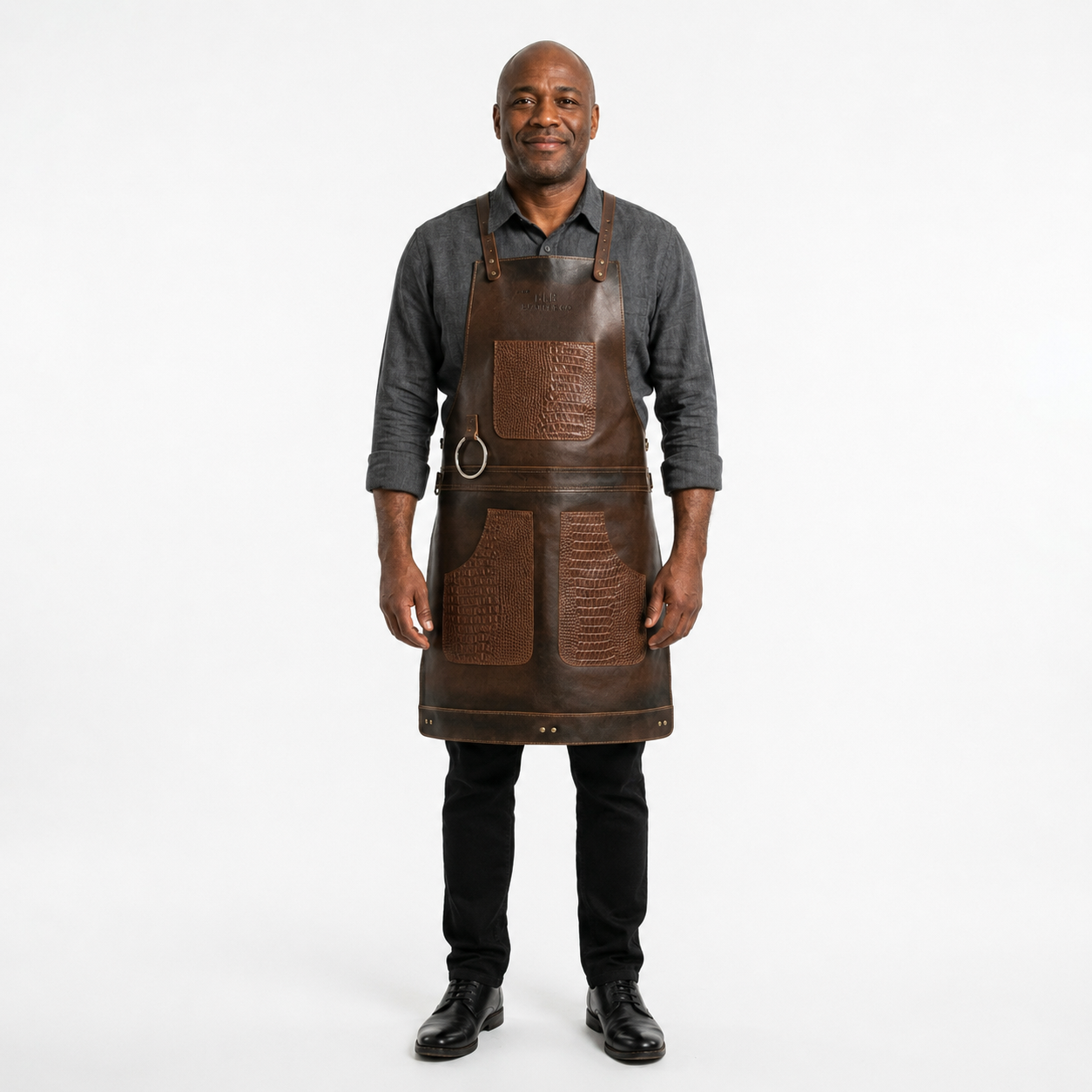 Full-Grain Crazy Horse Leather Chef Apron with Crocodile-Pattern Pockets