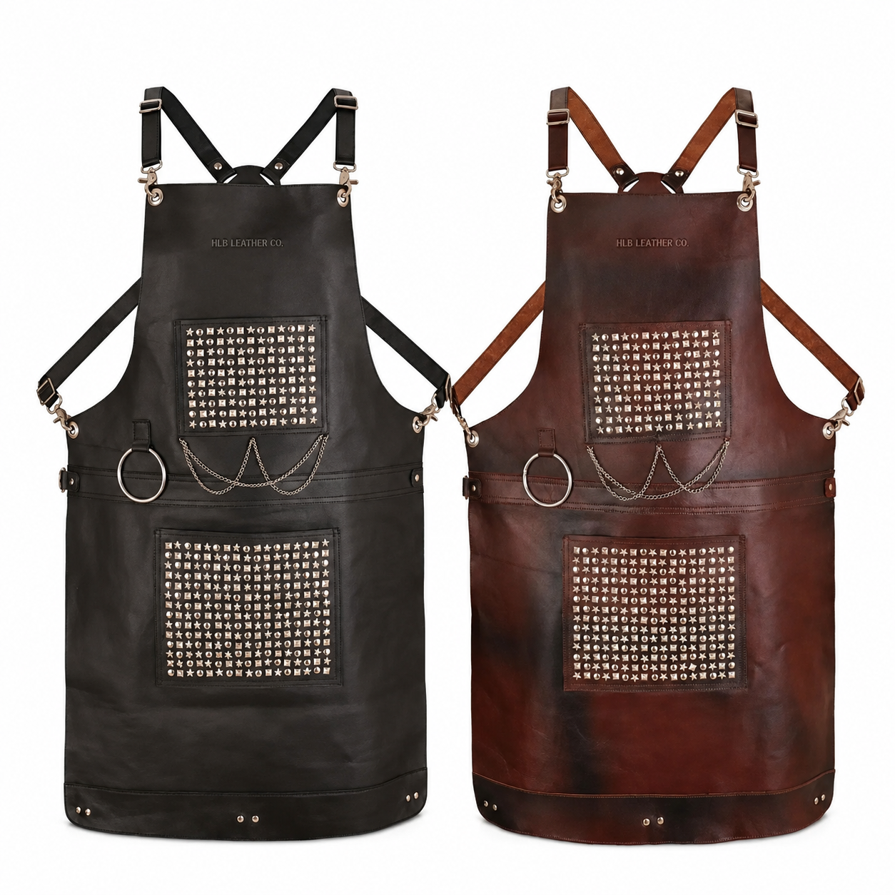 Hand-Studded Full-Grain Leather Apron for BBQ, Bar & Workshop