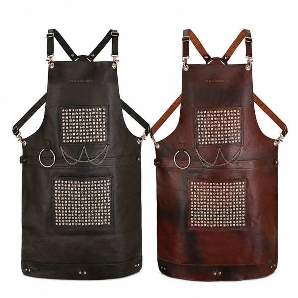 Hand-Studded Full-Grain Leather Apron for BBQ, Bar & Workshop