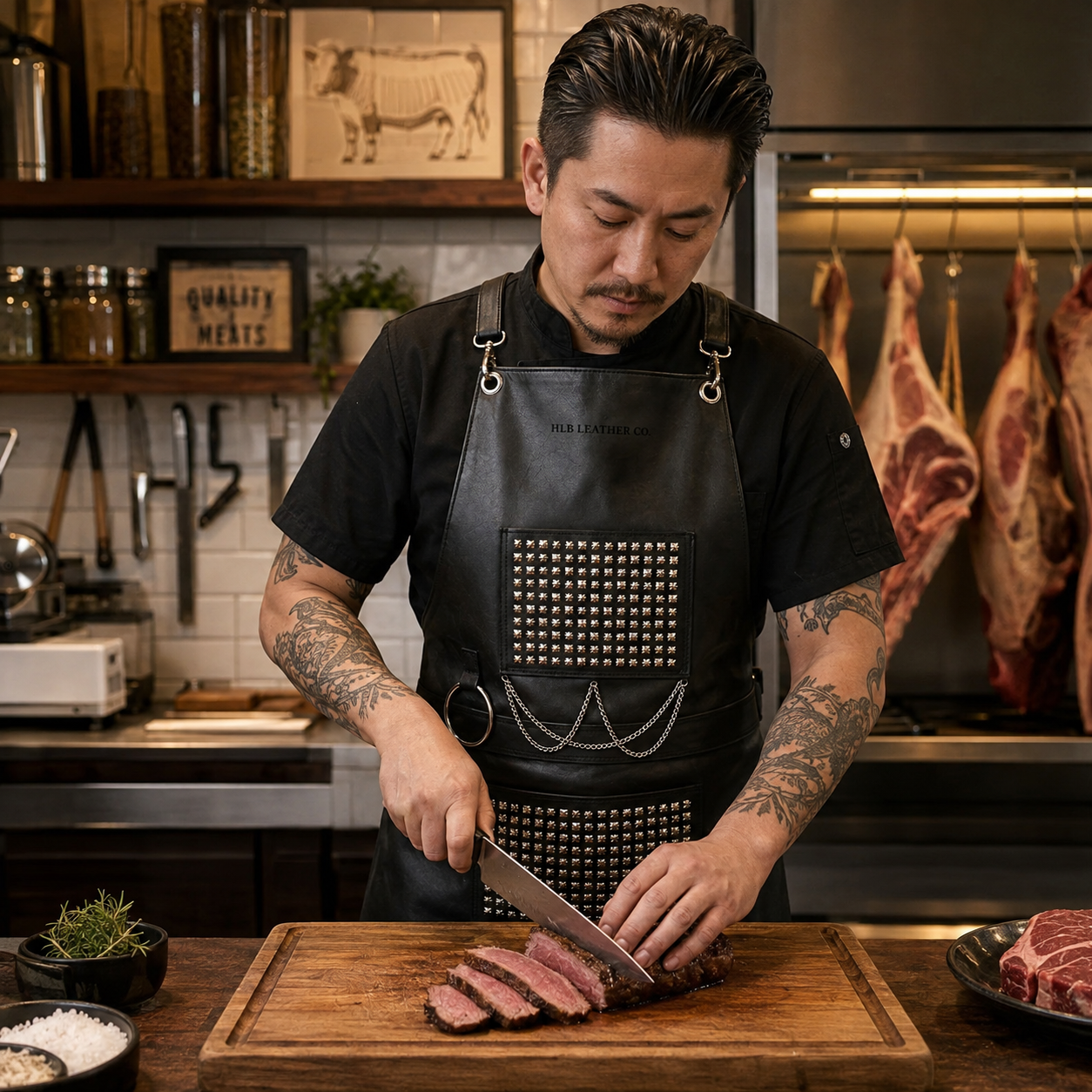 Hand-Studded Full-Grain Leather Apron for BBQ, Bar & Workshop