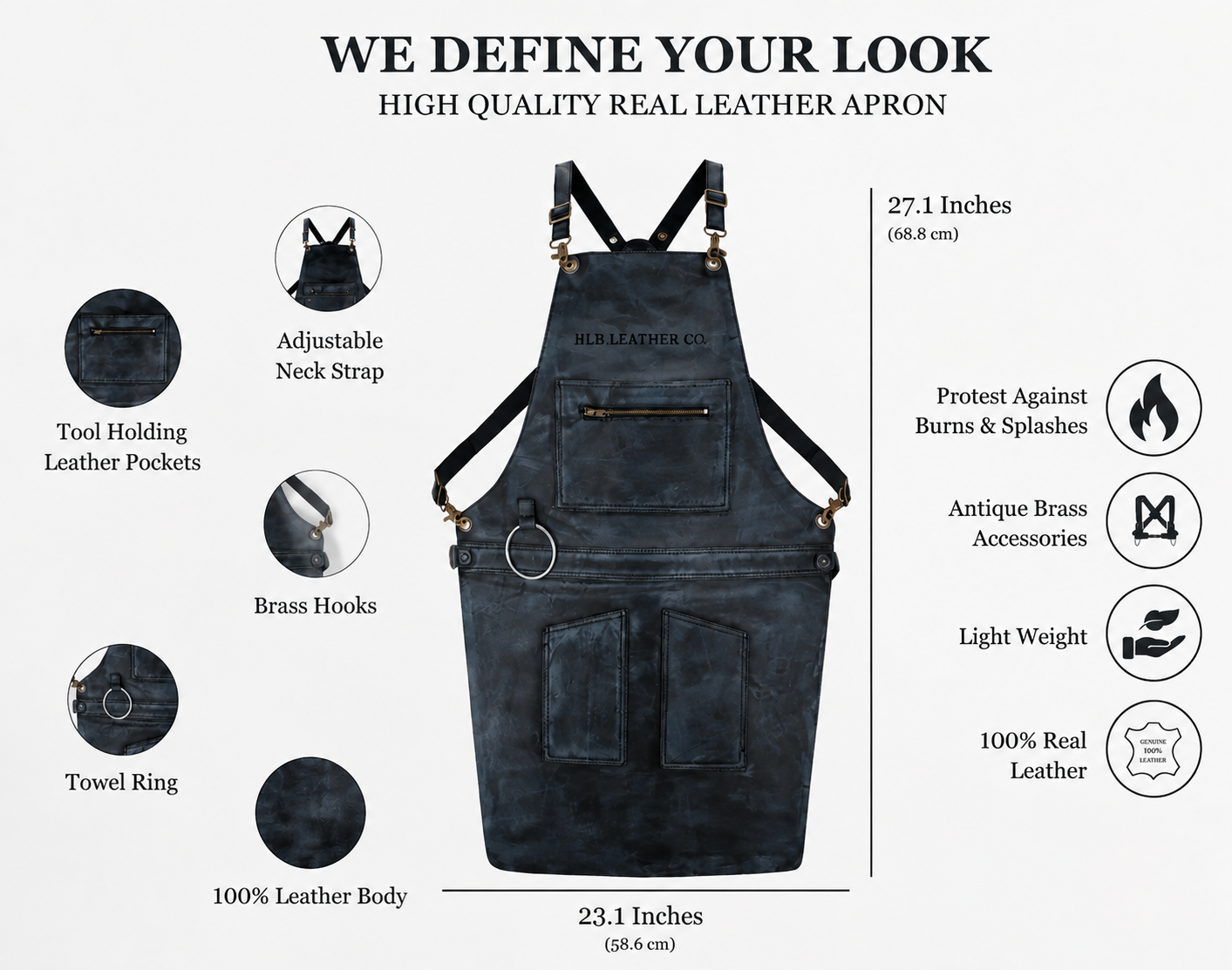 Distressed Full-Grain Cowhide Leather Apron with Zipper Detail