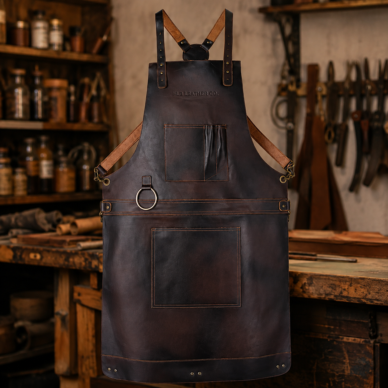 Distressed Full-Grain Cowhide Crossbody Apron – Dark Brown