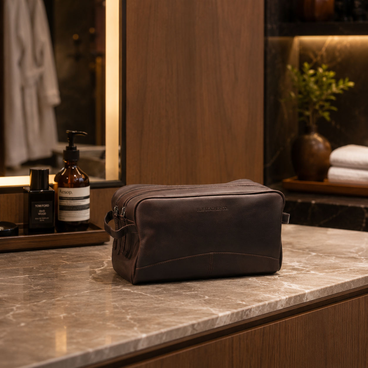 Large Brown Leather Toiletry Bag – Full Grain Waxed Travel Organizer