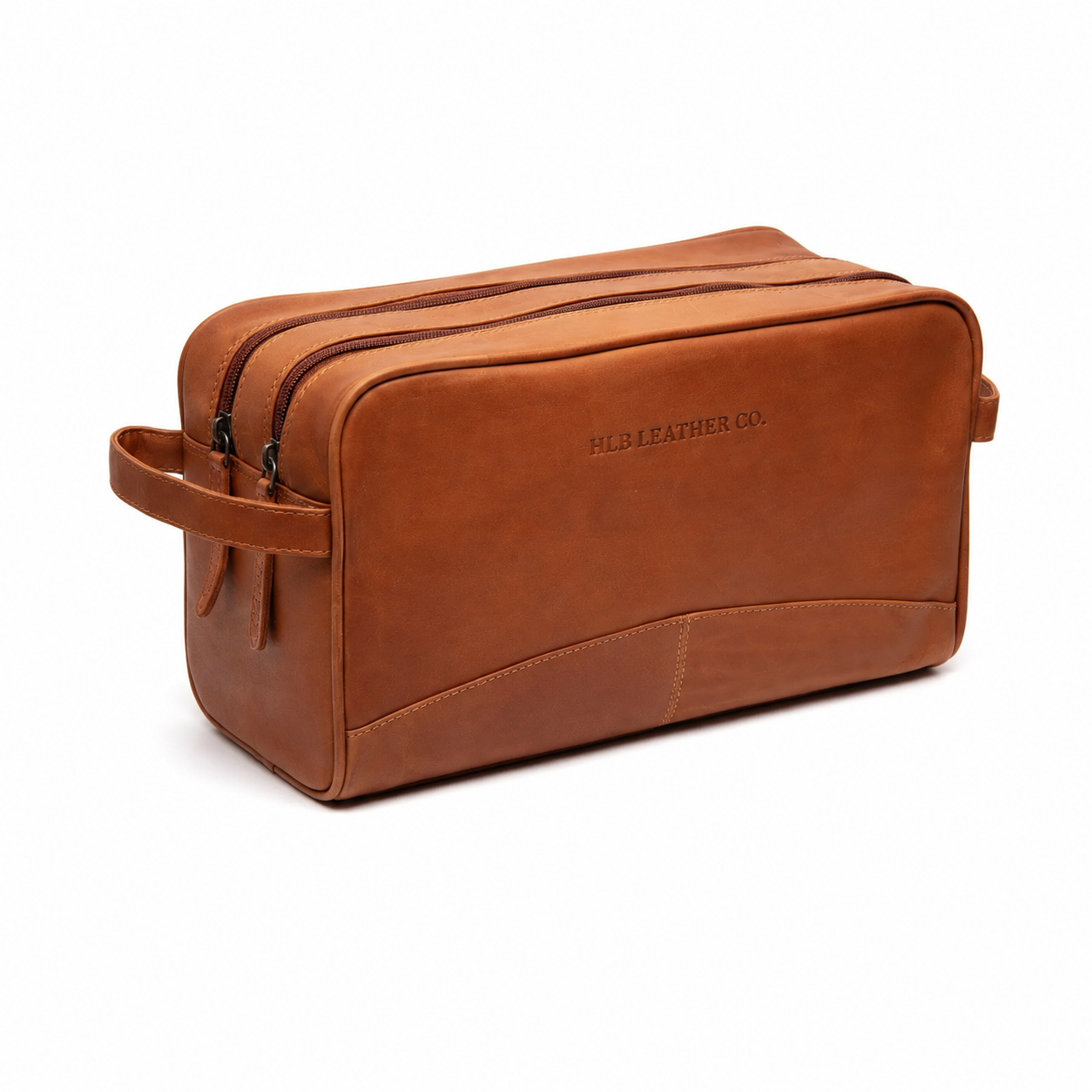 Large Cognac Leather Toiletry Bag – Full Grain Waxed Travel Organizer