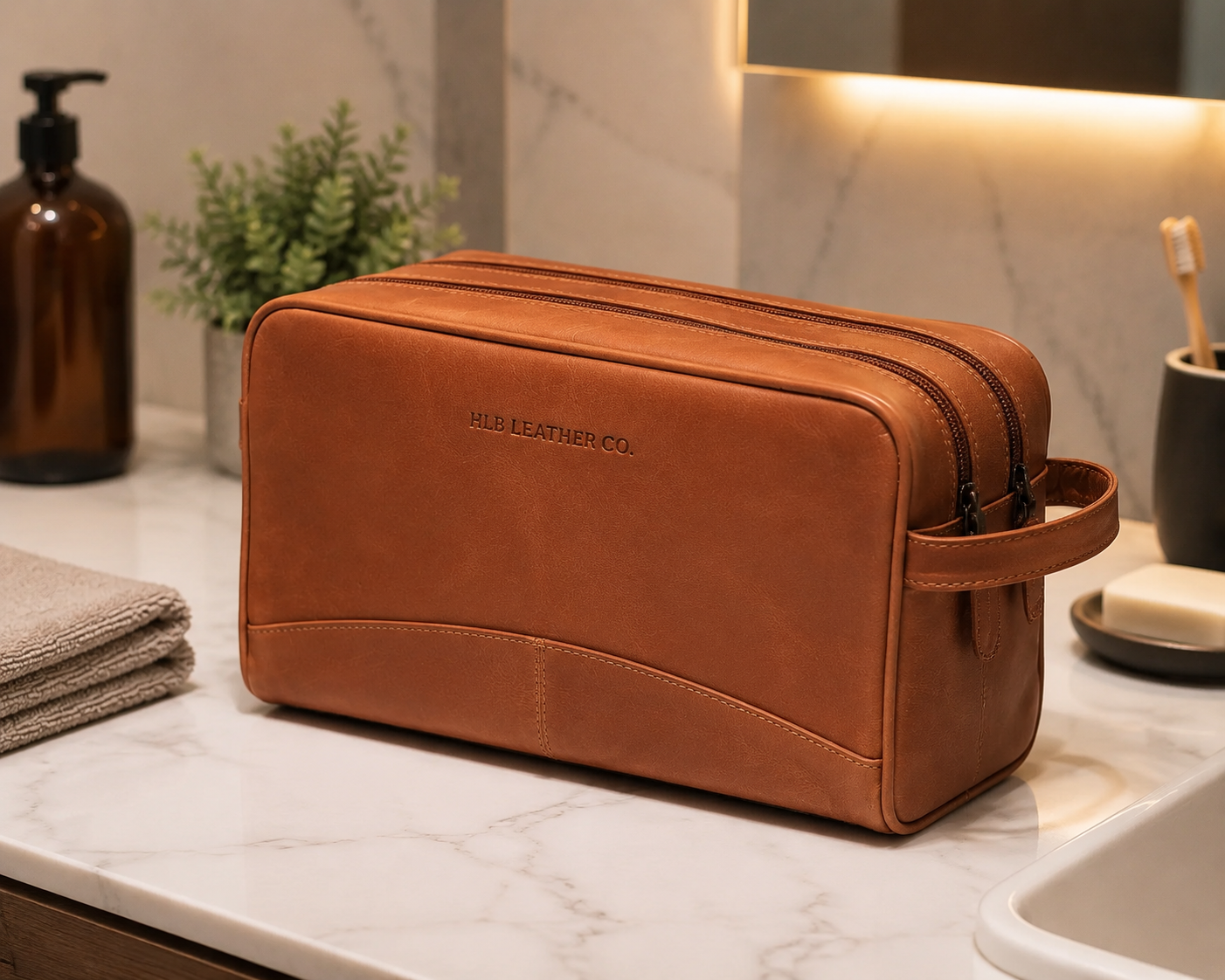 Large Cognac Leather Toiletry Bag – Full Grain Waxed Travel Organizer