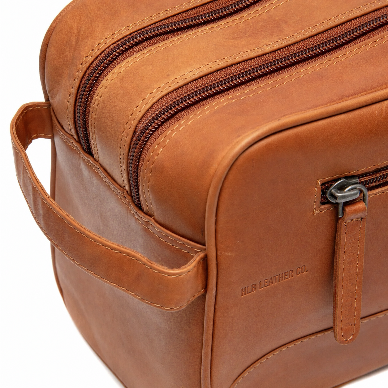 Large Cognac Leather Toiletry Bag – Full Grain Waxed Travel Organizer
