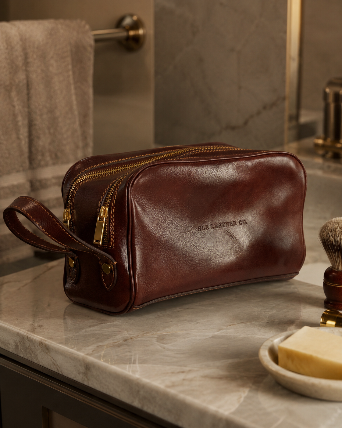 Full-Grain Italian Leather Dopp Kit – Dual Compartment Travel Toiletry Bag